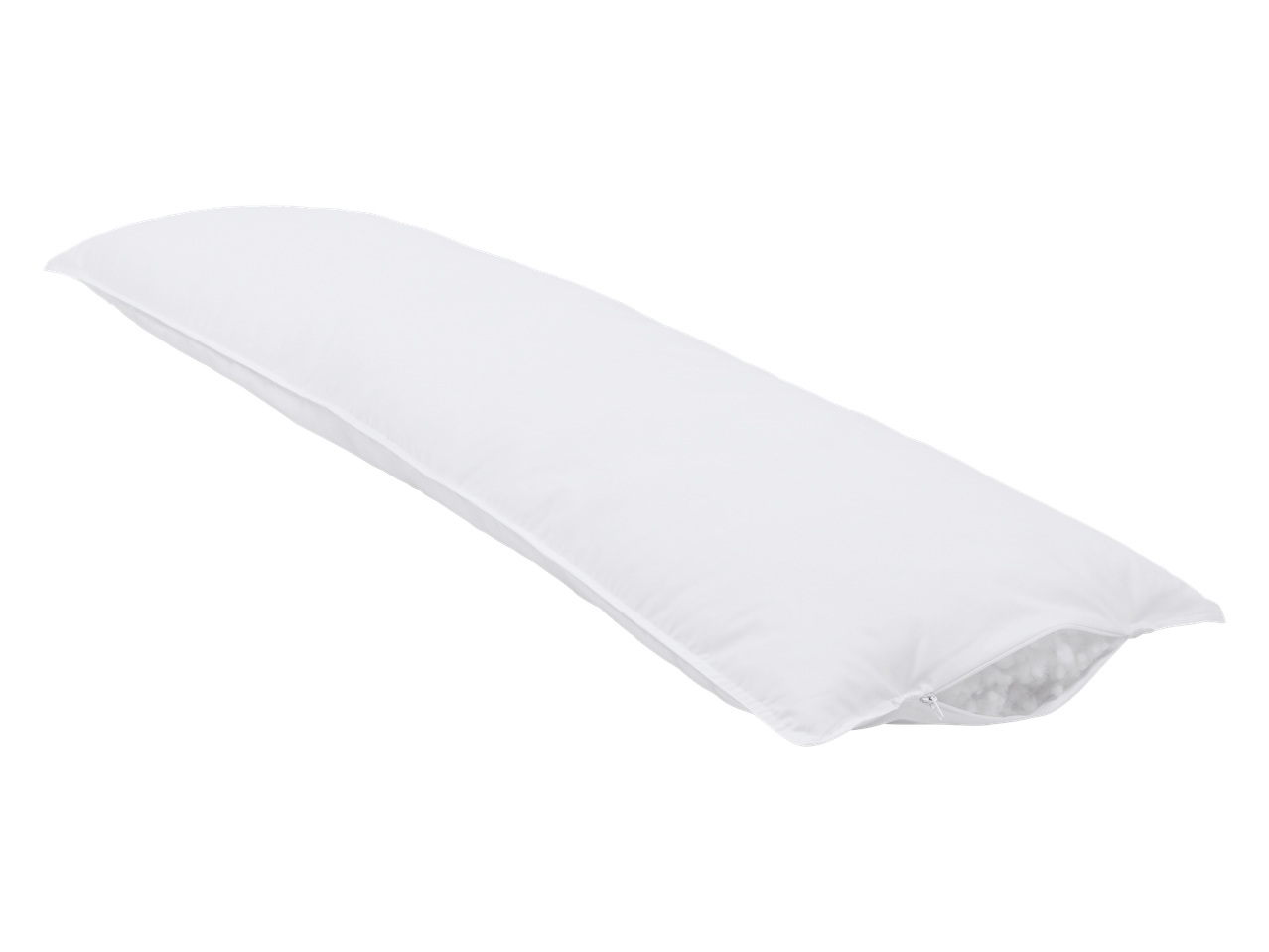 Bijeli jastuk za tijelo s otvorenim patentnim zatvaračem koji otkriva punjenje.