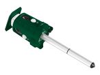 Green ultrasonic animal repeller with a silver ground stake, featuring speakers and control dials.