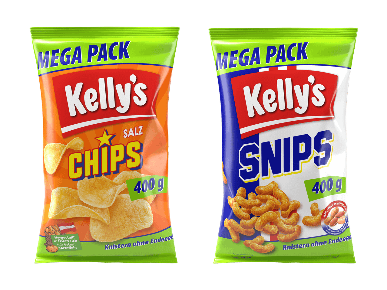 Zwei Mega-Packungen Chips und Erdnussflips, 400g, hergestellt in Österreich.
