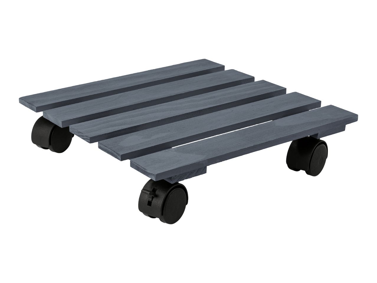 Grey wooden plant caddy with four black wheels