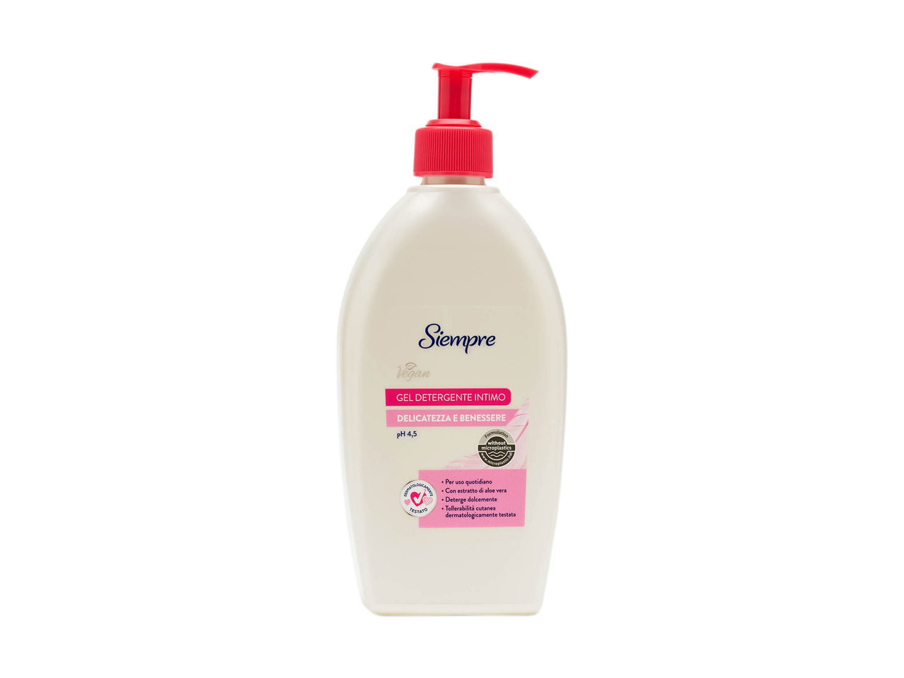 Un flacone di detergente intimo Siempre con dosatore rosso, etichetta rosa e testo nero.