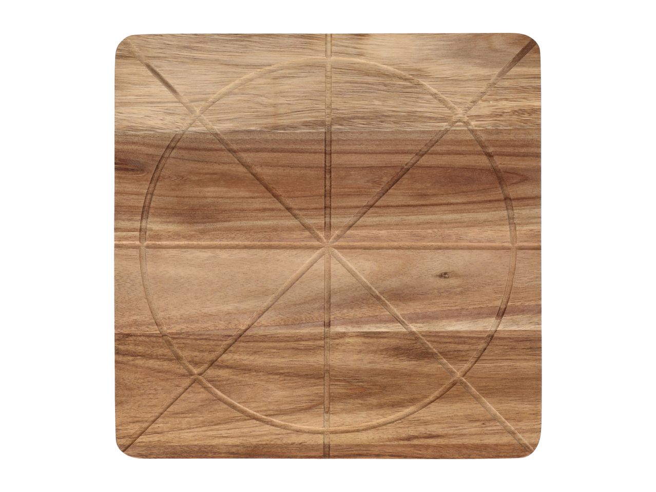 Rectangular wooden cutting board with rounded corners and a circular groove pattern.