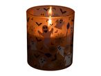 Halloween candle in an orange glass jar with ghosts, bats, and spiderwebs.