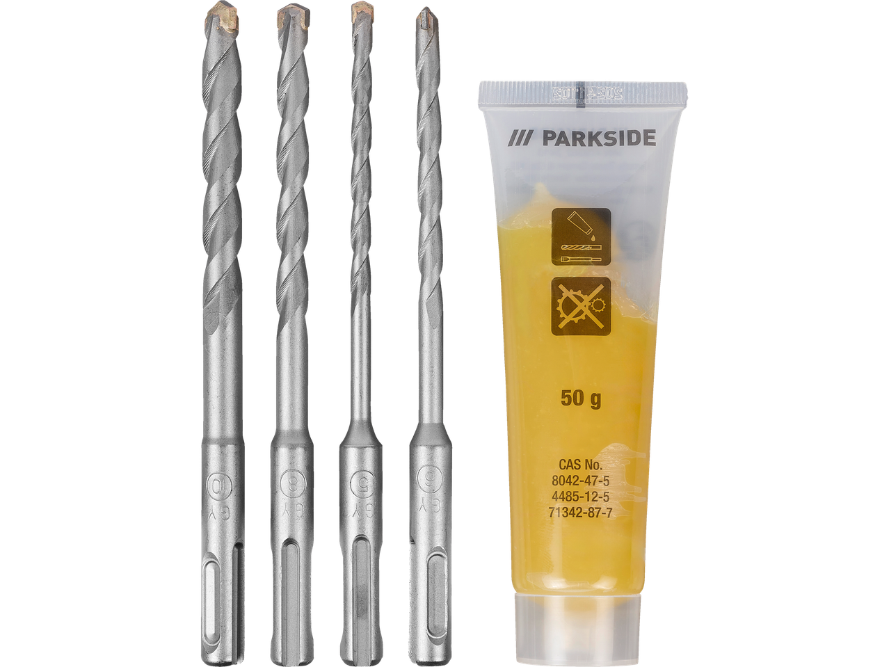 Jogo de brocas Parkside com tubo de graxa.