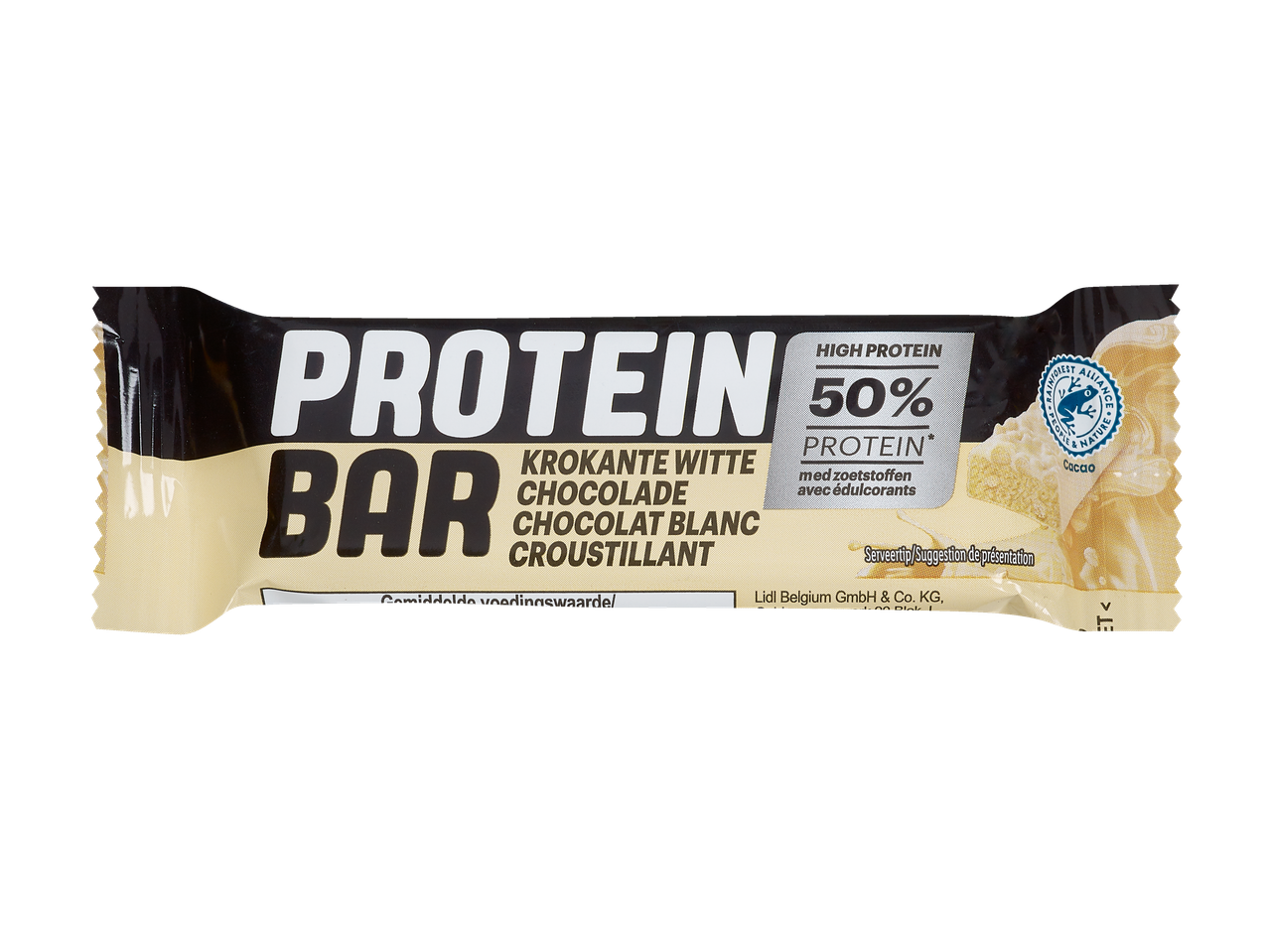 Barre protéinée au chocolat blanc croustillant de Lidl, 50% de protéines.