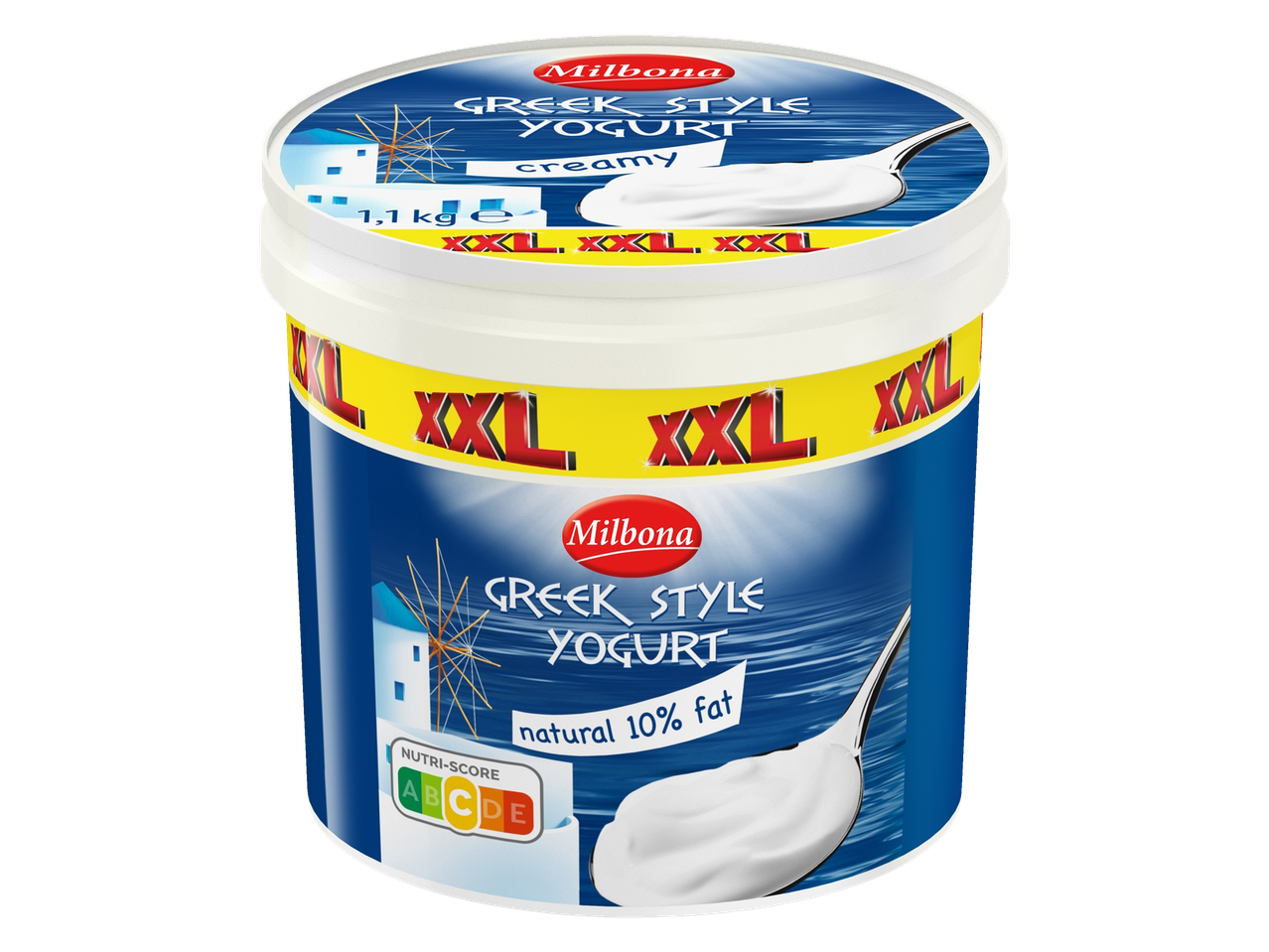 Milbona XXL Griekse stijl romige yoghurt in een grote emmer.