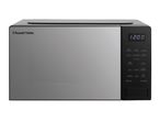 Modern grey microwave oven with a digital display showing 12:00 and various cooking functions.