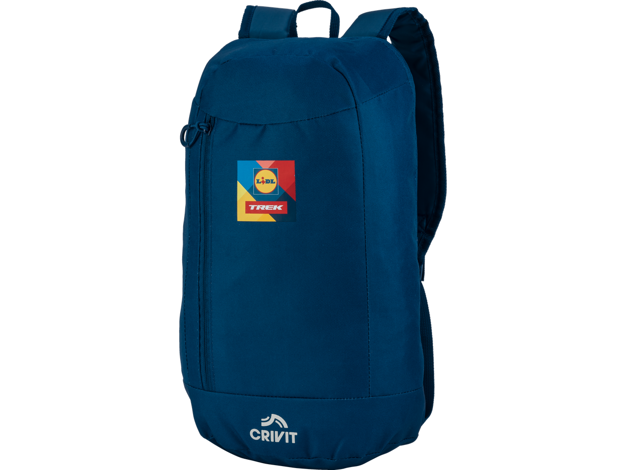 Mochila Crivit azul-marinho com logotipos Lidl e Trek.