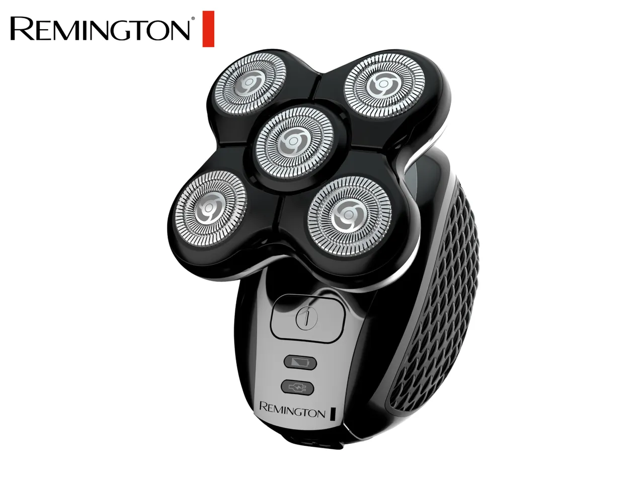 Black electric shaver with five rotary heads and a textured grip, featuring power and battery indicators.