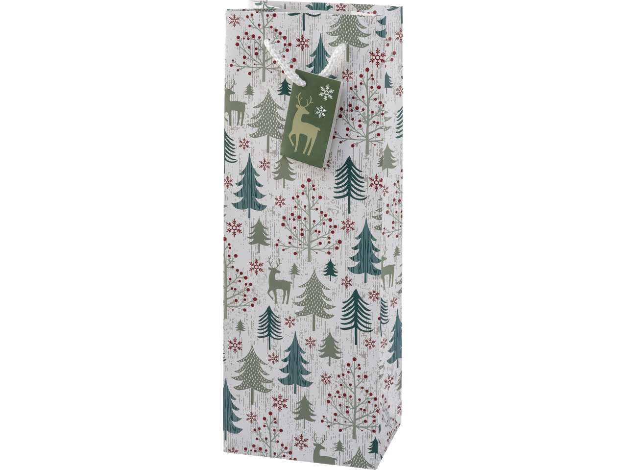Crelando® dovanų maišelis su kalėdine tematika: medžiai, elniai ir snaigės.