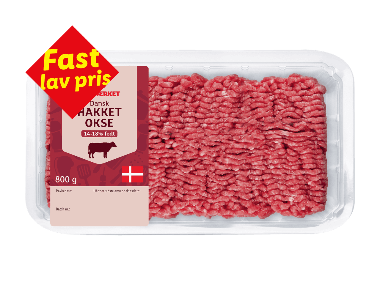 Pakke med hakket oksekød (14-18% fedt) på 800g med et 'Fast lav pris'-mærke.