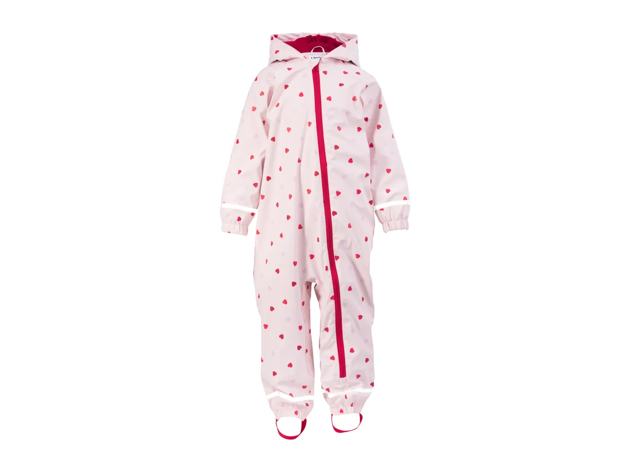 Pink children's waterproof overall with red heart pattern and red zipper