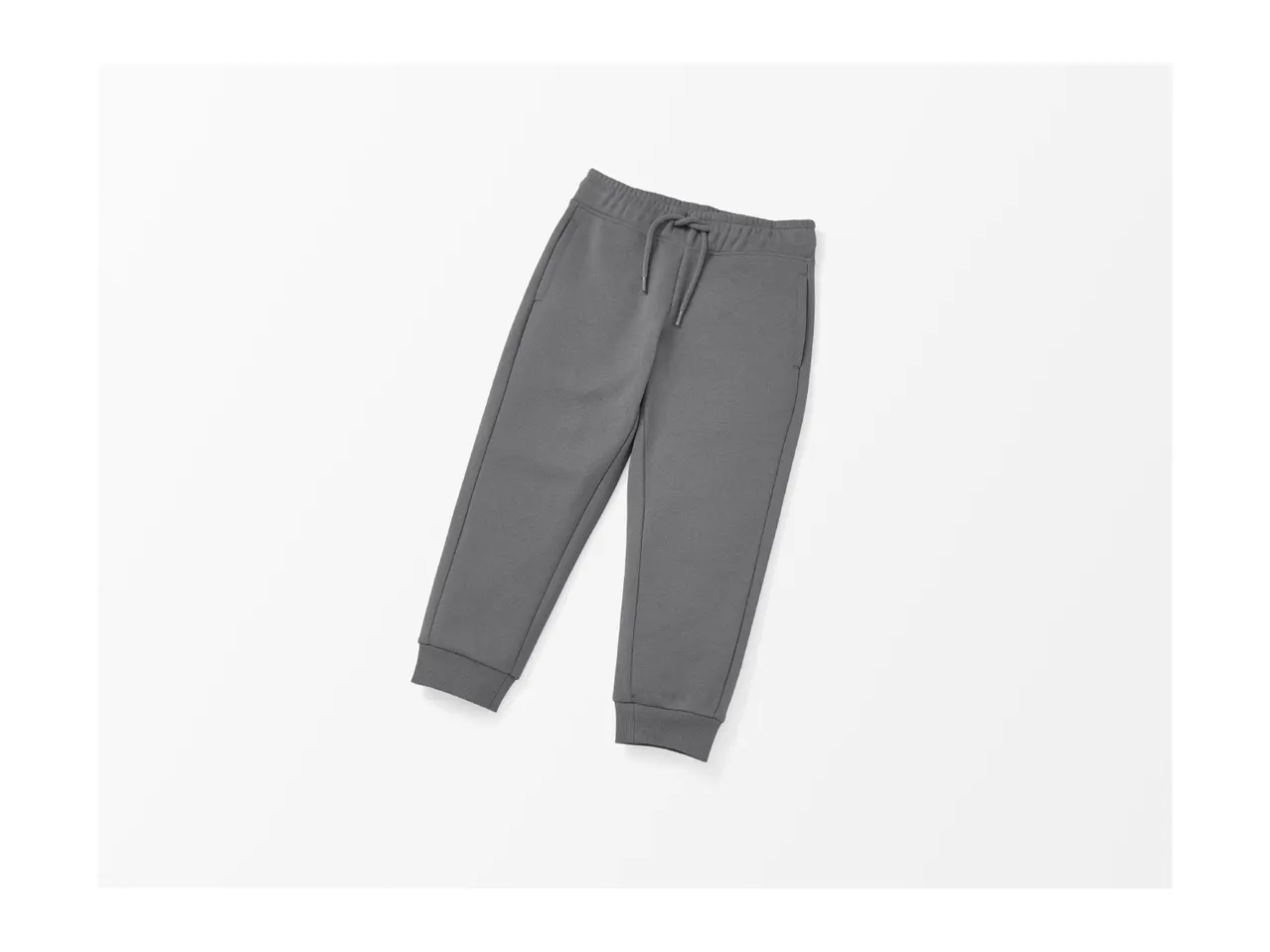 A pair of gray sweatpants with a drawstring waist, laid flat on a white background.