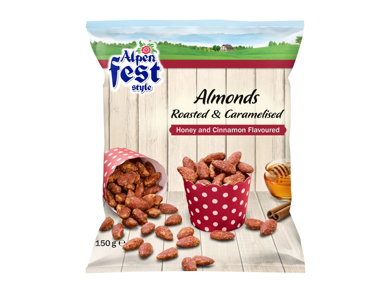 Roasted and caramelised honey and cinnamon flavoured almonds, 150g