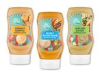 Tre flasker festivalsauce: kyllingedip, hemmelig burger og avocadoranch, alle 315 ml/g.