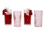 Four pink patterned glasses, two filled with red juice, ice, redcurrants, and rosemary.