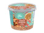 Fried onions with bacon flavor in a clear plastic tub, featuring a burger and bowl of onions.