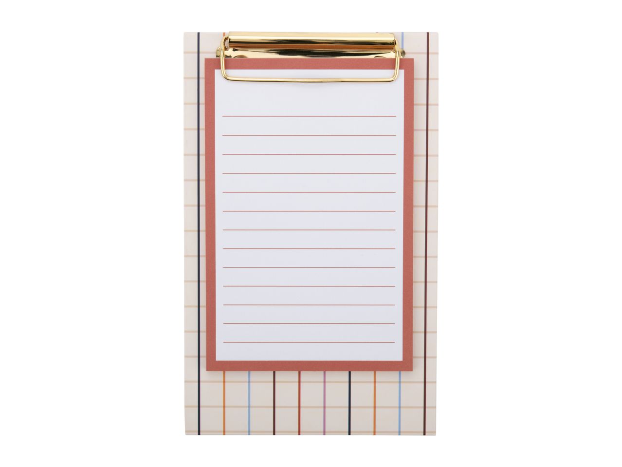 A clipboard with a lined notepad, featuring a gold clip and a plaid background.