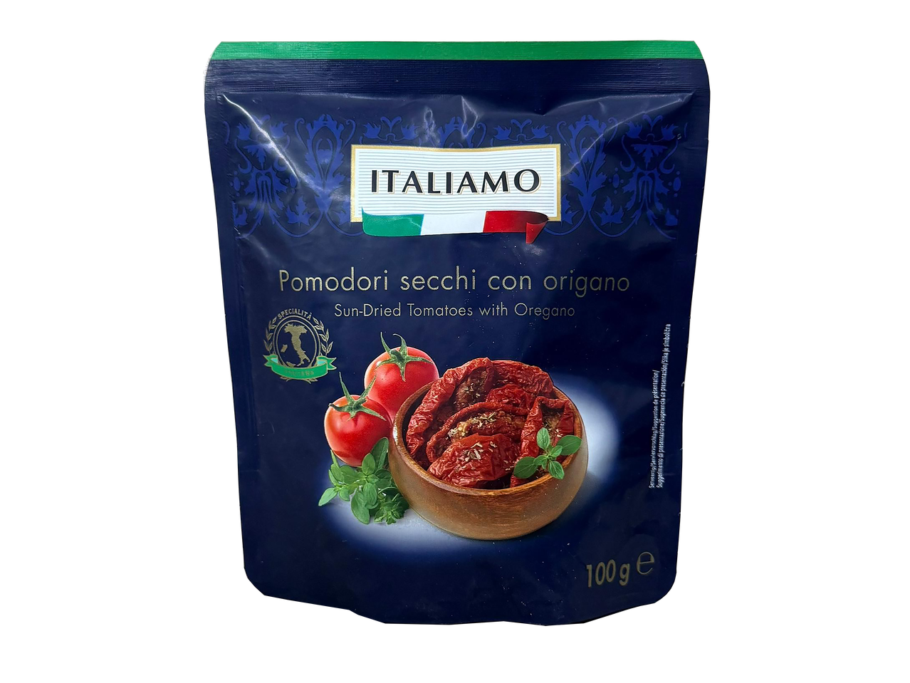 Sachet de tomates séchées à l'origan avec des tomates fraîches et un bol de tomates séchées.