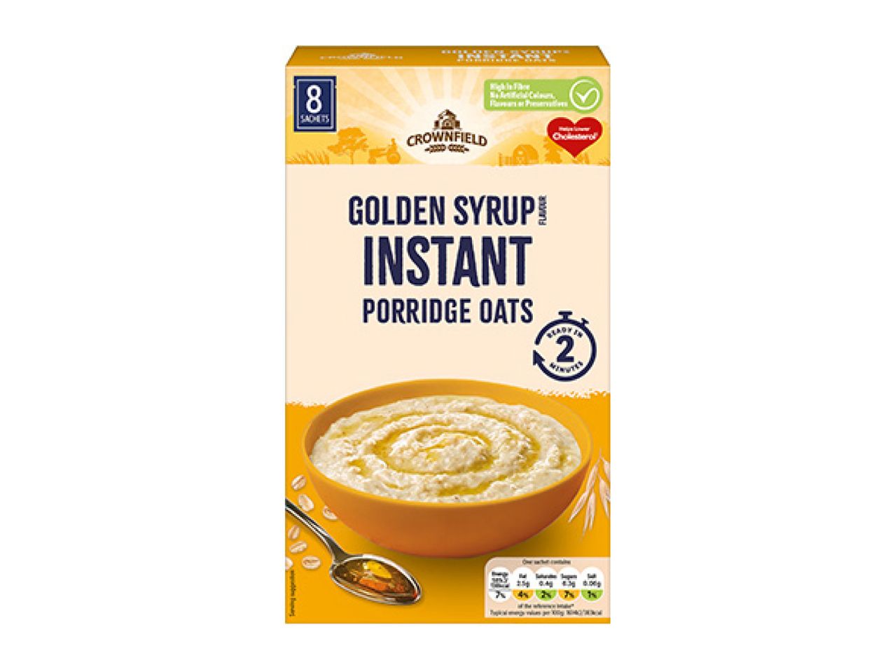 Box of 8 sachets of golden syrup instant porridge oats, ready in 2 minutes, with a bowl of porridge.