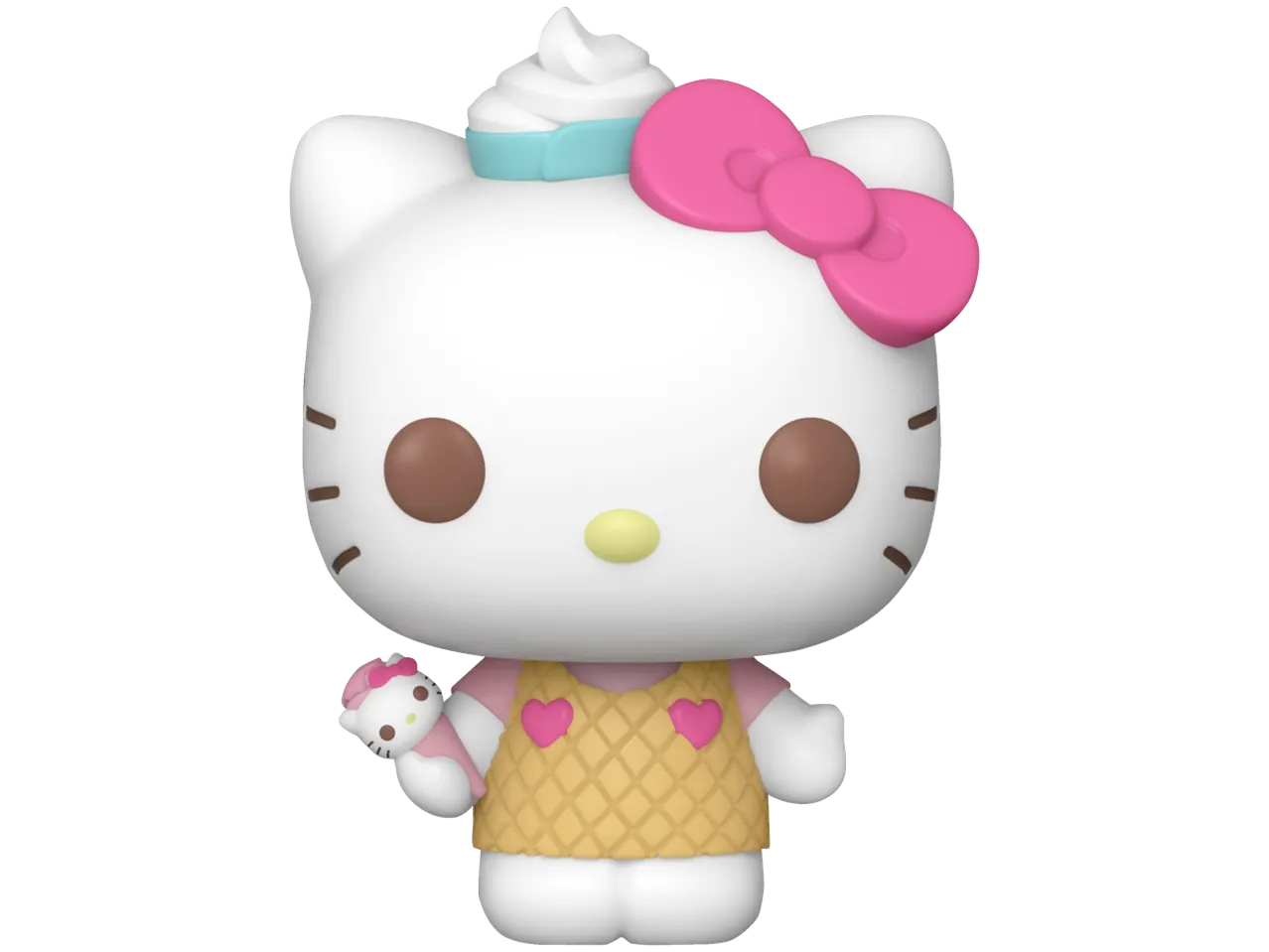 Funko Pop Hello Kitty figūrėlė vaflinio kūgio kostiumu, laikanti mažą figūrėlę.