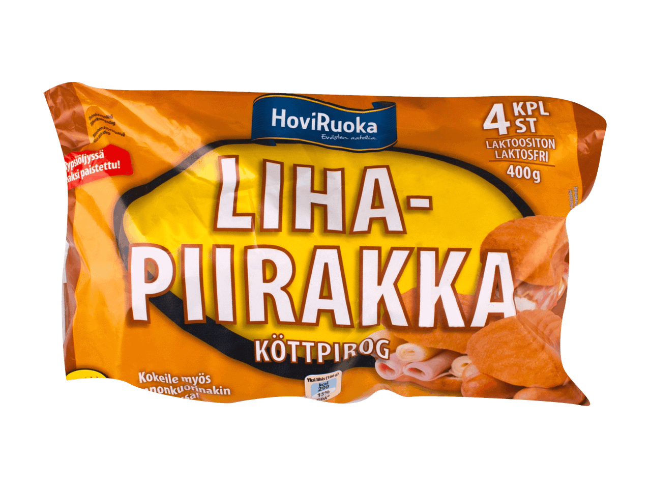 HoviRuoka lihapiirakka, 4 kpl, laktoositon, 400g. Köttpirog.