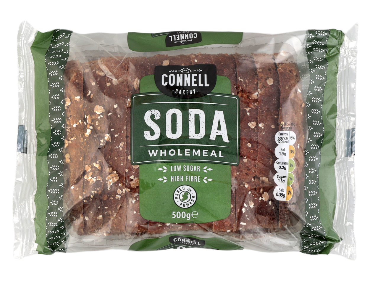 A package of Connell Soda Wholemeal bread with nutritional information.