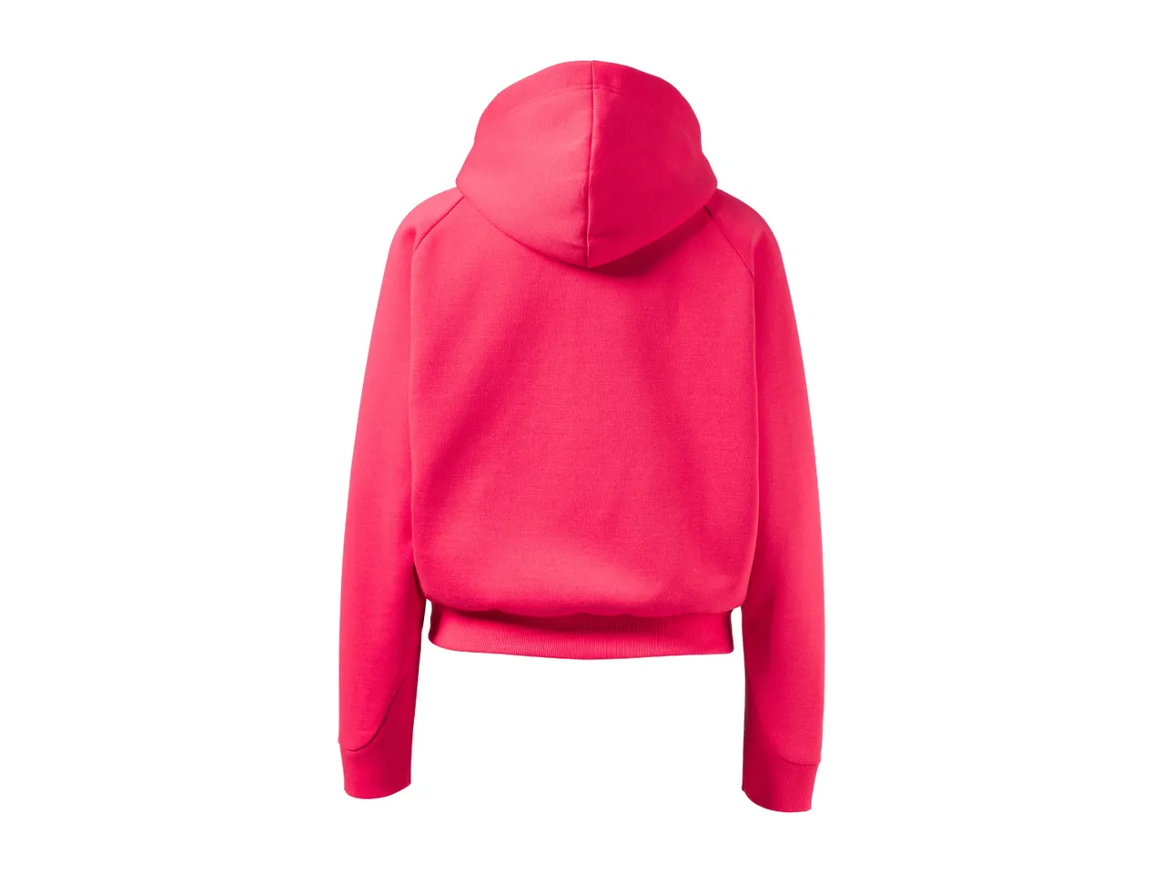 Back view of a bright pink hoodie with a hood and ribbed cuffs and hem