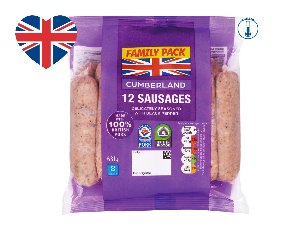 Family pack of 12 Cumberland sausages, made with 100% British pork, seasoned with black pepper.