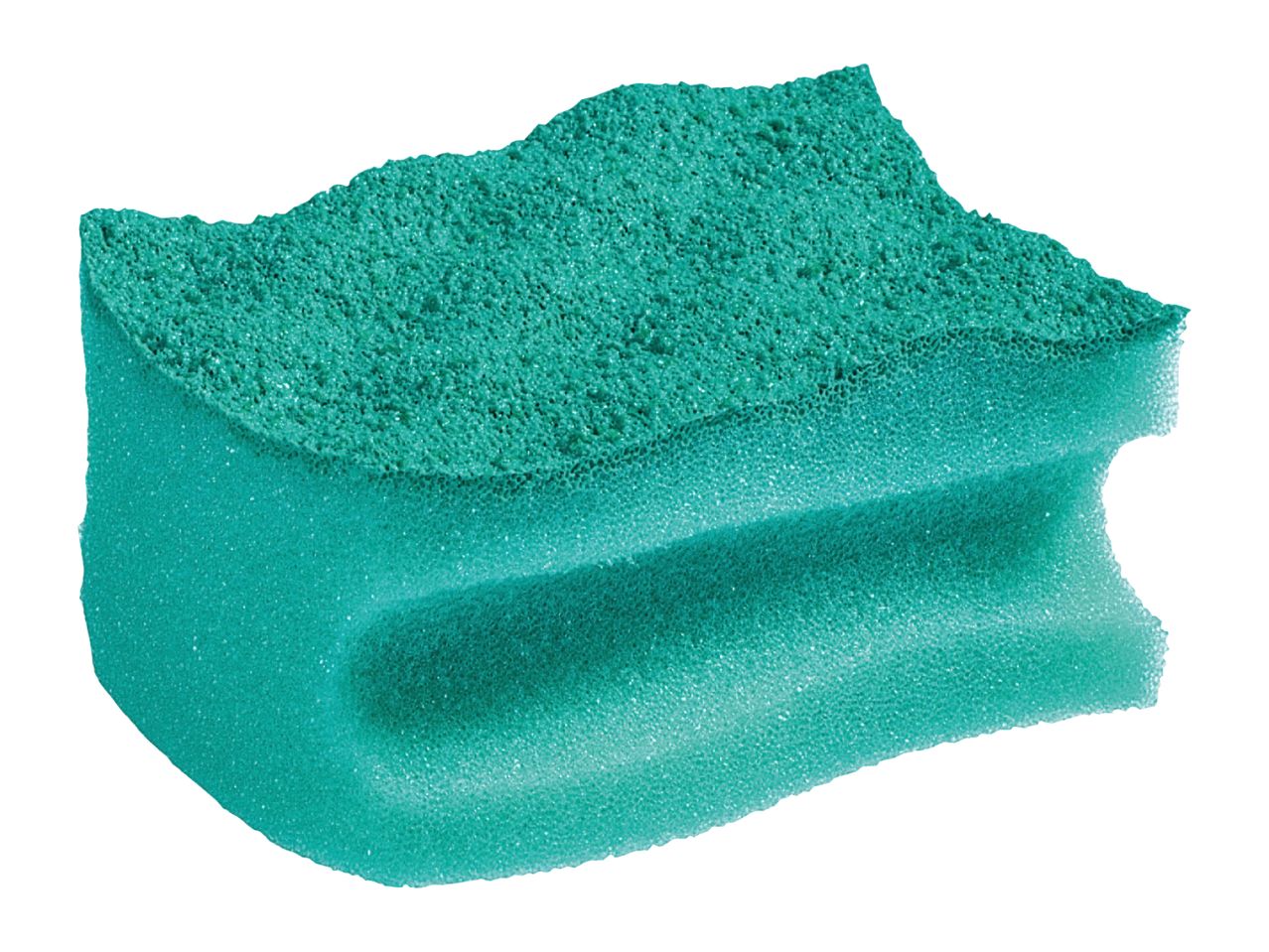 A green kitchen sponge with a rough scrubbing side and a softer foam side.