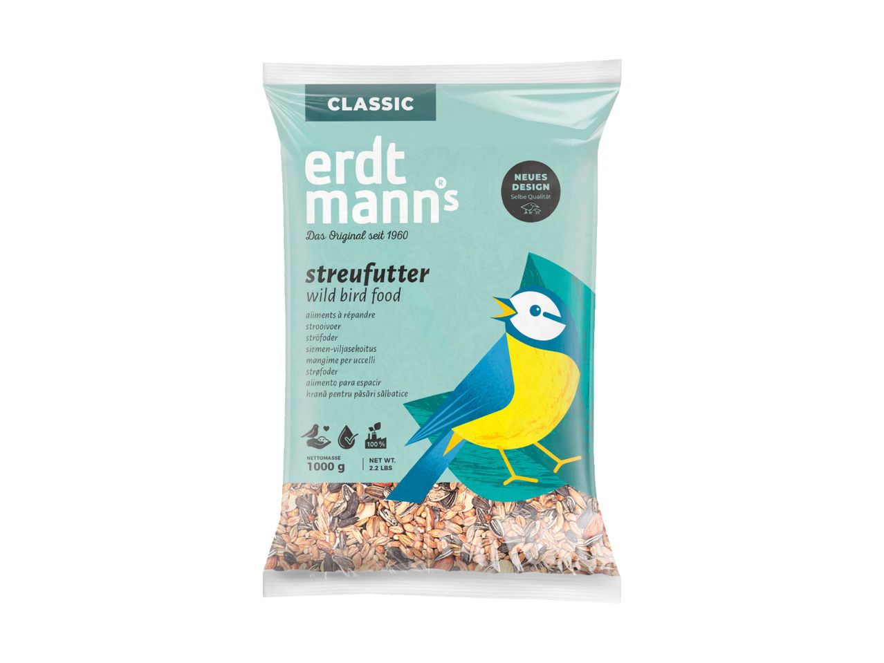 Erdtmann's Classic wild bird food, 1000g bag with a blue tit illustration.