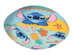 Stitch character on a beach-themed ball with tropical fruits and flowers.