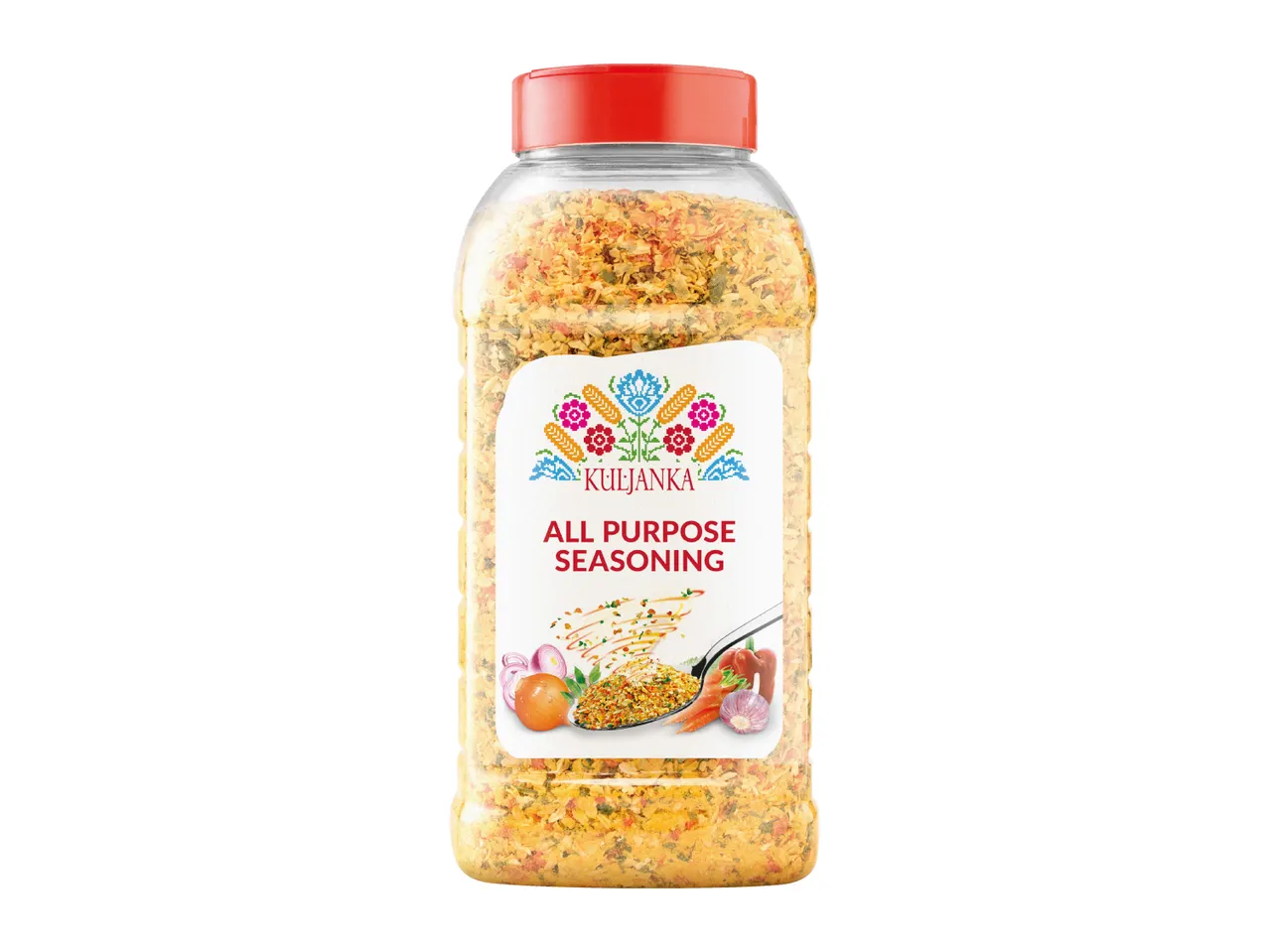 Clear plastic jar of all-purpose seasoning with a red lid and a label featuring folk art and vegetables.