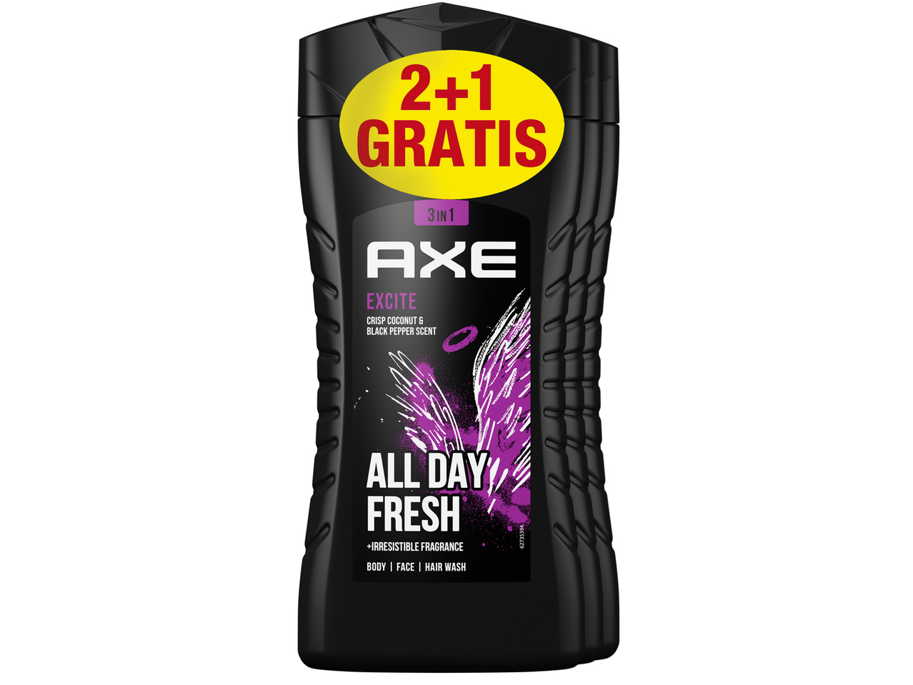 Gel douche Axe Excite 3-en-1 avec offre 2+1 gratuit.