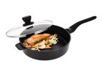 Frying pan with a glass lid, salmon fillet, and vegetables inside.