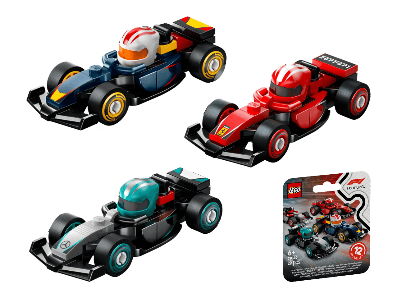 Kolme LEGO Speed Champions -kilpa-autoa ja yksi pakkaus.