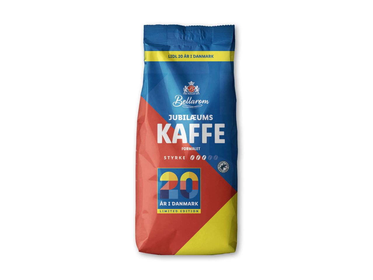 En pose Bellarom jubilæumskaffe med teksten 'Lidl 20 år i Danmark' og 'Limited Edition'.