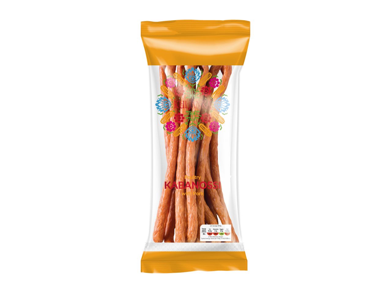 A clear package of poultry kabanossi with pork, featuring folk-inspired floral designs and nutritional information.
