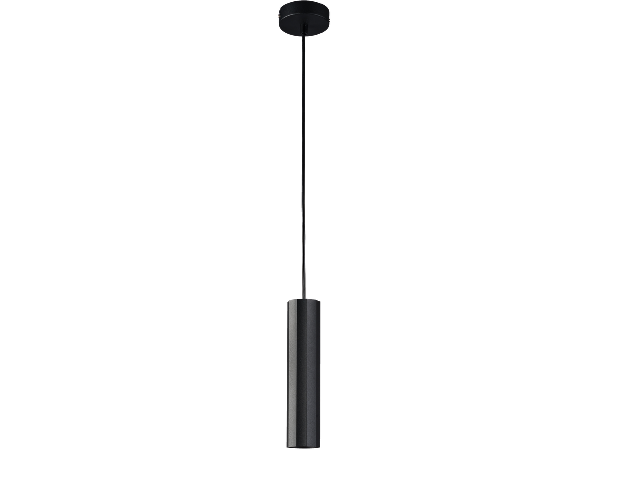 Candeeiro suspenso preto com forma cilíndrica e design minimalista.