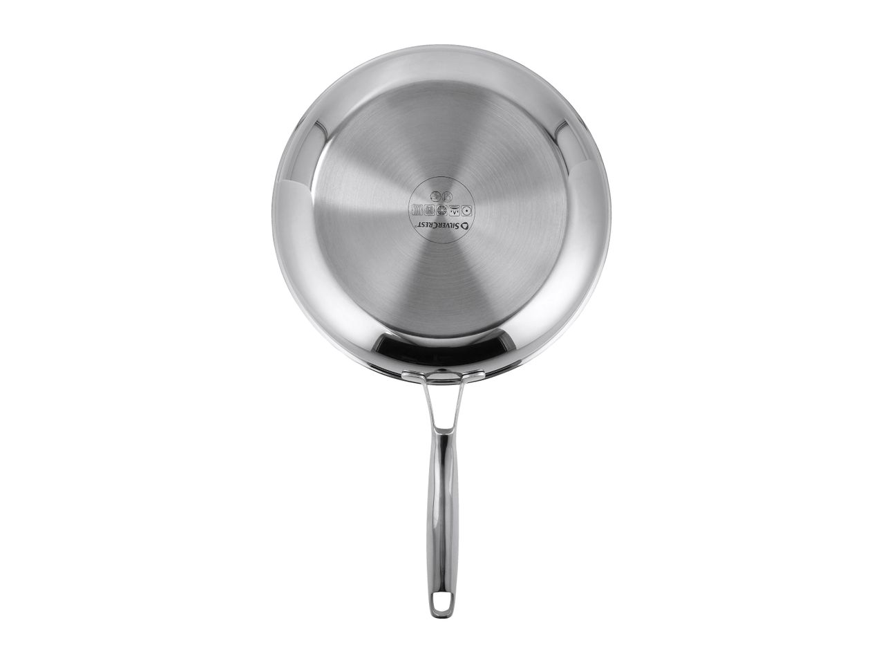 Stainless steel frying pan with a long handle, viewed from the bottom.