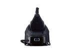Black garment steamer with a blue illuminated power button