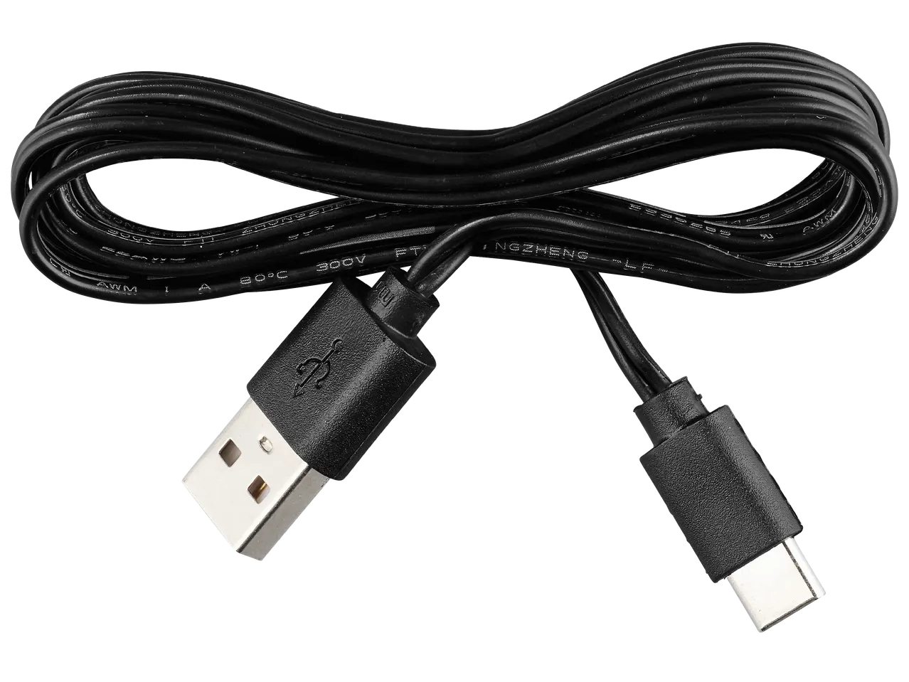 Черен USB-A към USB-C кабел, навит на осморка.