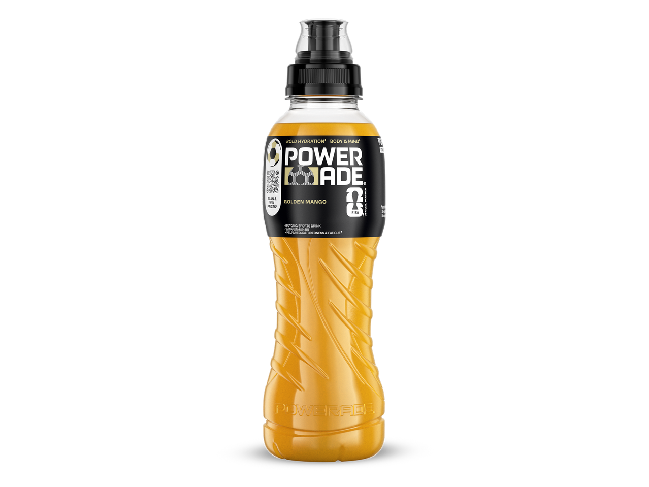 Gele sportdrank met mangosmaak in een fles met een zwarte dop en etiket.