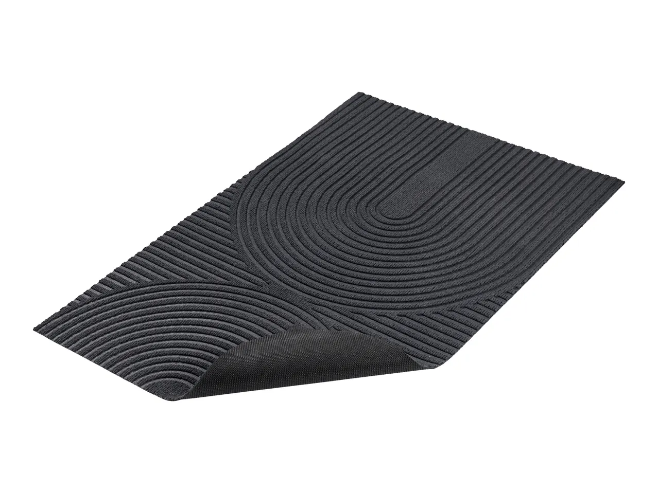 Dark grey doormat with a textured, curved pattern and a non-slip backing