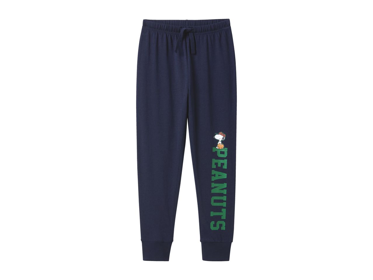 Dark blue Peanuts sweatpants with a Snoopy graphic and green 