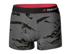 Gray men's boxer briefs with a black abstract pattern and a red waistband featuring the Parkside logo.