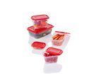 A set of red and clear plastic food storage containers.
