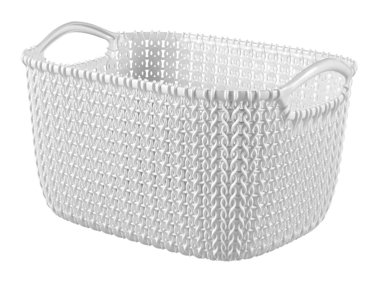 Panier de rangement rectangulaire blanc avec motif tressé et poignées.