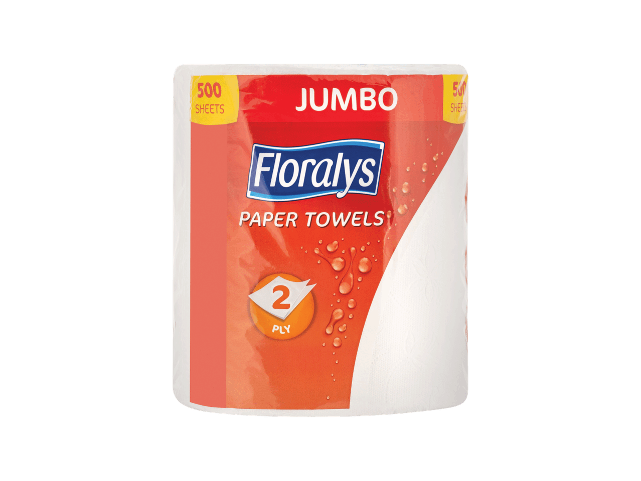 Jumbo paberkäterätikud 500 lehega, 2-kihilised, oranži ja punase sildiga.