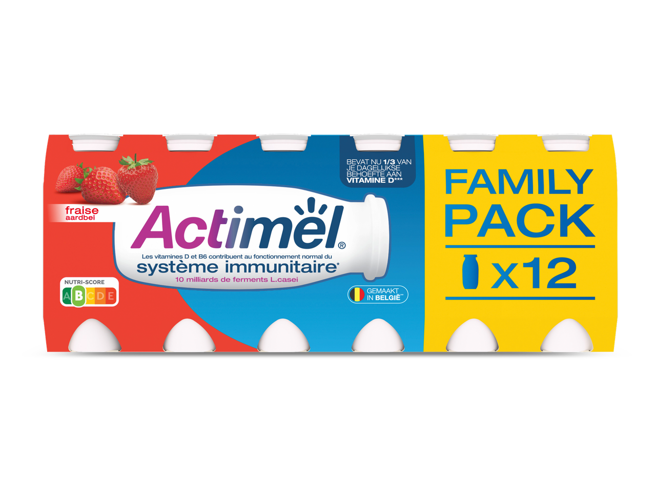 Een verpakking van twaalf drinkyoghurtflesjes met aardbeiensmaak.